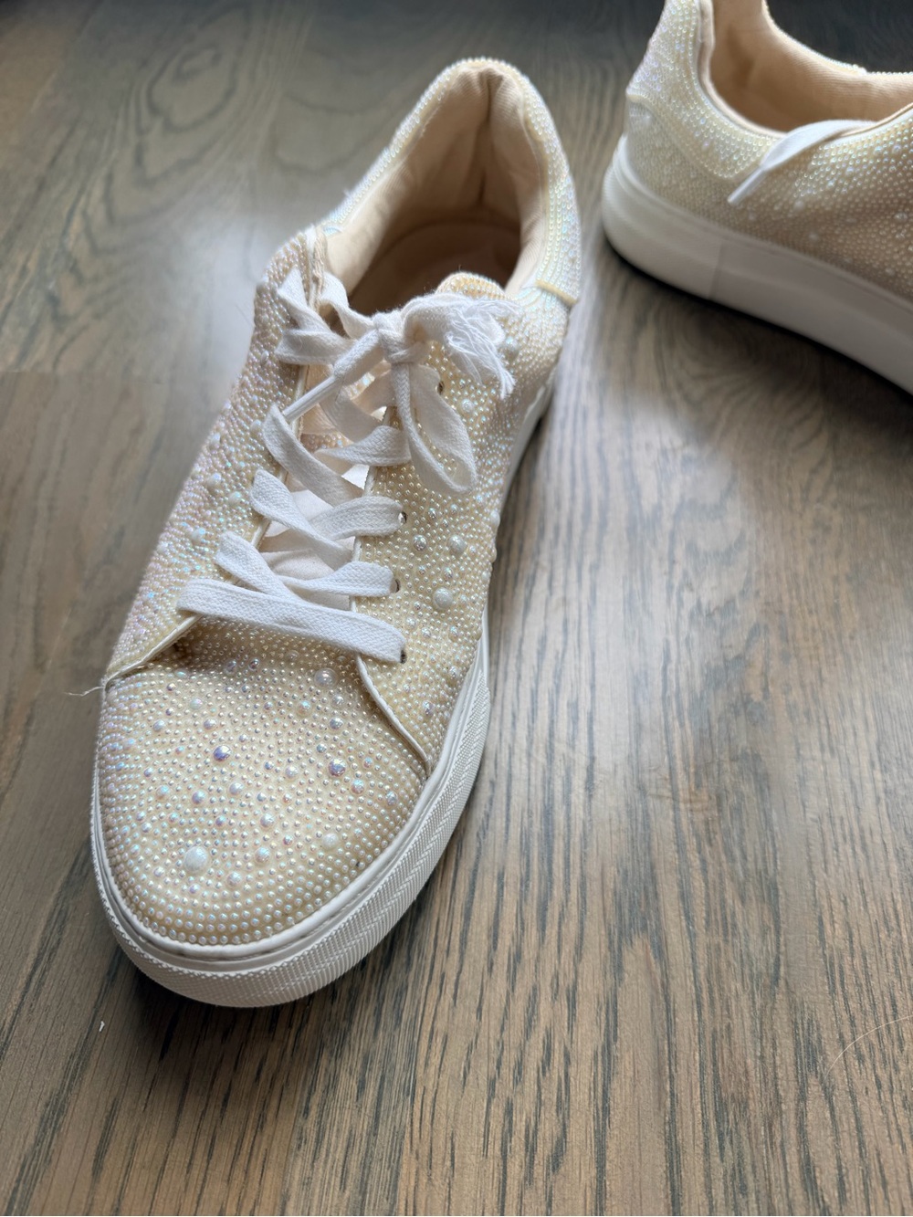 Betsy Kohnson Embellished white/ Cream Women's Lace-Up Sneakers with pearls - Picture 6 of 10